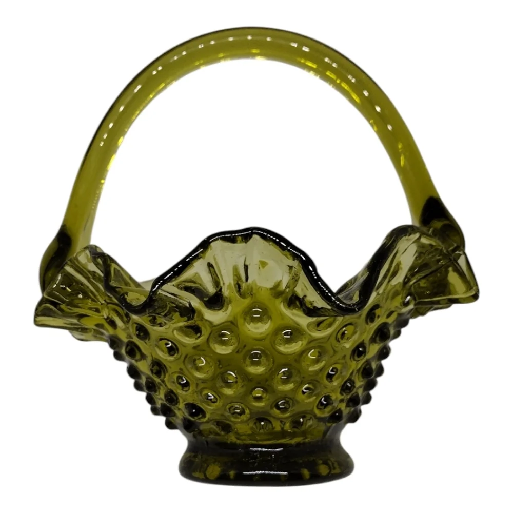 Vintage Fenton Avocado Green‎ Hobnail Ruffled Basket